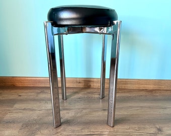 Vintage Chrome Stool with black synthetic leather Seat Cover - 1970s Retro Charm for Home Decor