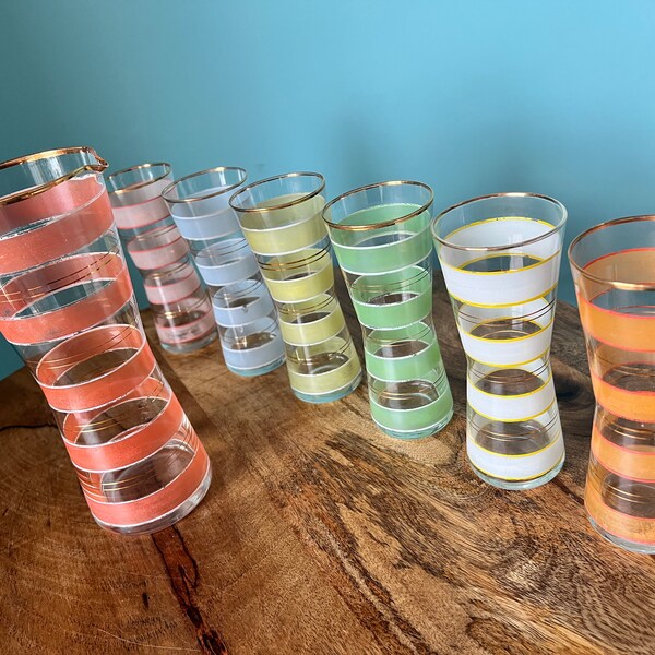 Groovy 60s Vintage Glassware Set - Lemonade Glasses, Jar, Retro Barware, Mid-Century Kitchen Decor