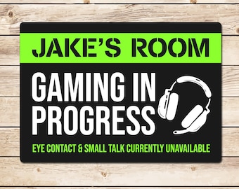 Personalised Gaming In Progress Metal Sign: Video Game Gift Games Room Kids Room Door or Wall Sign