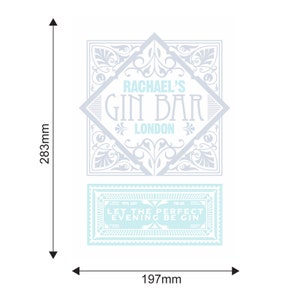 May include: A light blue and white sign with the text "Rachael's Gin Bar London" in a decorative font. Below the sign is a smaller light blue sign with the text "Let the perfect evening be gin" in a decorative font.