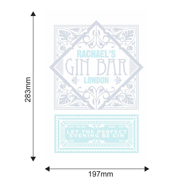 May include: A light blue and white sign with the text "Rachael's Gin Bar London" in a decorative font. Below the sign is a smaller light blue sign with the text "Let the perfect evening be gin" in a decorative font.