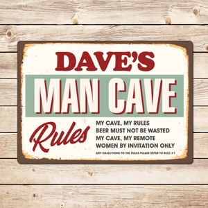 パーソナライズされたMan Cave Rulesメタルサイン - レトロなガレージ装飾