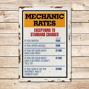 Mechanic Rates Funny Garage Sign, Garage Decor, Classic Car Sign, Birthday Fathers Day Christmas Gift for Dad, Grandad, Husband