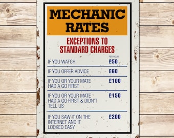 Mechanic Rates Funny Garage Sign, Garage Decor, Classic Car Sign, Birthday Fathers Day Christmas Gift for Dad, Grandad, Husband