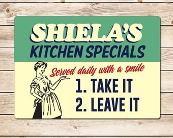 Personalized Kitchen Specials Sign: Retro Metal Decor, Funny Gift for Mum