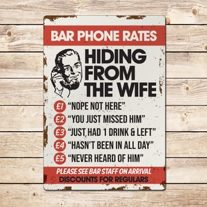 Hiding From The Wife Funny Pub Sign, Home Bar Sign, Man Cave Garden Bar Shed Pub,  Birthday Fathers Day Christmas Gift For Dad