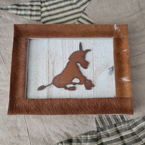 Cowhide covered wood frame Metal donkey picture silhouette