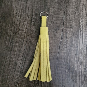 Leather Fringe Tassel Key Ring 8&quot; Key Fob Purse Charm Genuine Embossed Leather Cowhide Lime