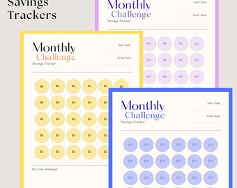 May include: A collection of colorful monthly savings trackers. Each tracker features a "Monthly Challenge" title and a grid of circles to track savings goals. The trackers are in shades of yellow, purple, and blue.