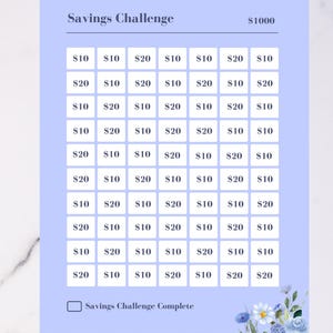 May include: A light blue savings challenge chart with the text "Savings Challenge" and "$1000". The chart has a grid of boxes with $10 and $20 amounts. The bottom has a box to check for "Savings Challenge Complete".