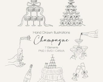 Hand Drawn Champagne Clipart: Whimsical Doodle Illustration Set (SVG, PNG, Canva)