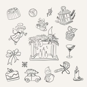 May include: A black and white hand-drawn illustration of various Christmas themed items, including a fireplace, a snowman, a cupcake, a candy cane, a candle, a stocking, a gift, an angel, a gnome, a lantern, a wreath, and a cake.