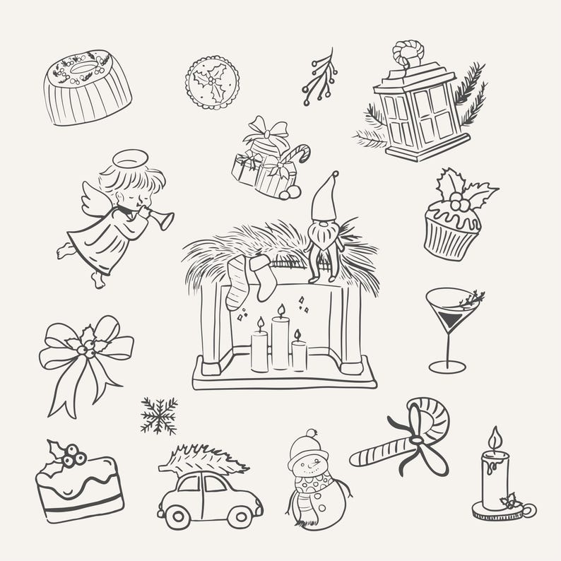 May include: A black and white hand-drawn illustration of various Christmas themed items, including a fireplace, a snowman, a cupcake, a candy cane, a candle, a stocking, a gift, an angel, a gnome, a lantern, a wreath, and a cake.