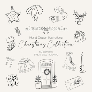 May include: A set of 50 hand-drawn black and white Christmas illustrations. The illustrations include a star, a bow, mittens, holly, a stocking, candy, a wreath, a gift box, a sweater, a door, ice skates, a candle, and an envelope.