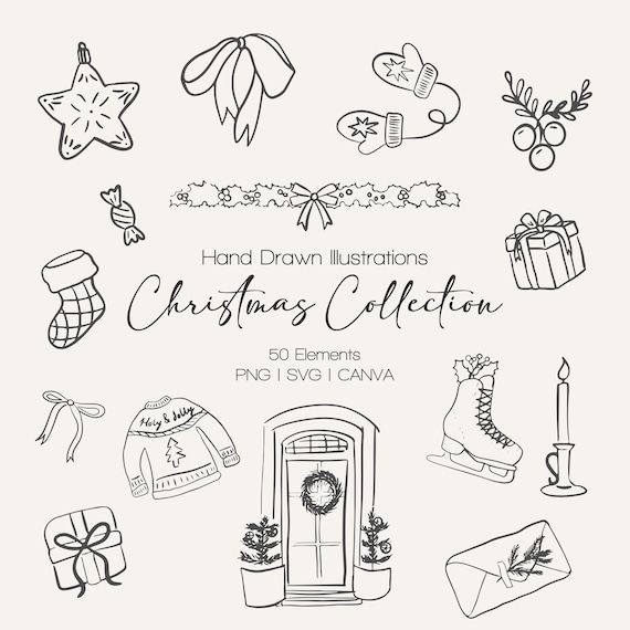 Hand Drawn Christmas Clipart Bundle: SVG, PNG, Canva (Instant Download)