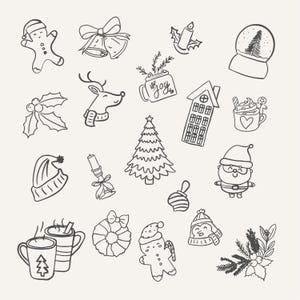 May include: A black and white hand-drawn illustration of various Christmas themed items, including a gingerbread person, a Christmas tree, a snow globe, a house, a reindeer, a candle, a wreath, a bell, a hat, a mug, a gingerbread cookie, and a Santa Claus.