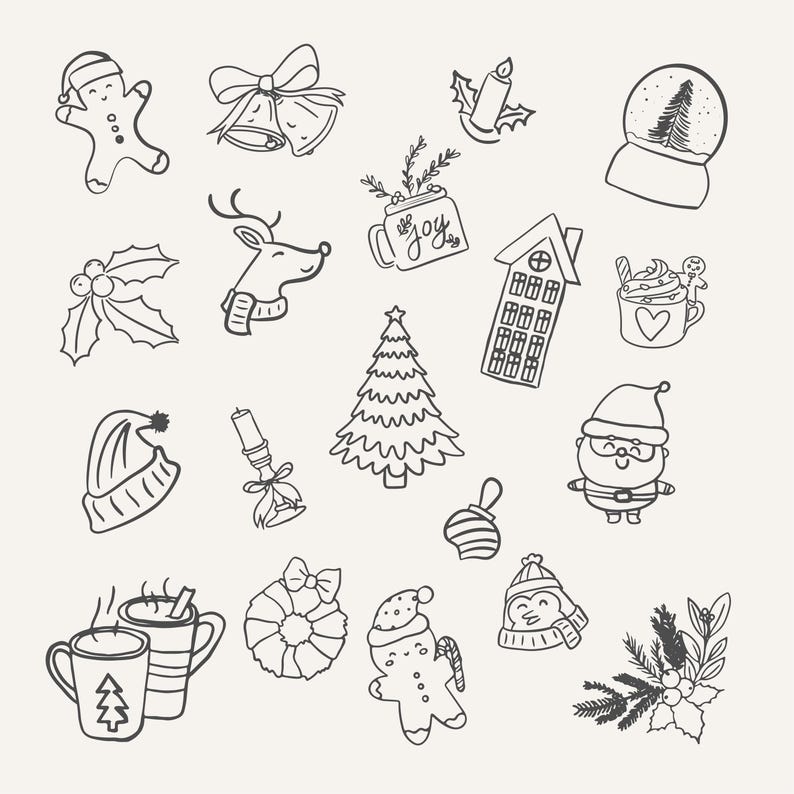 May include: A black and white hand-drawn illustration of various Christmas themed items, including a gingerbread person, a Christmas tree, a snow globe, a house, a reindeer, a candle, a wreath, a bell, a hat, a mug, a gingerbread cookie, and a Santa Claus.