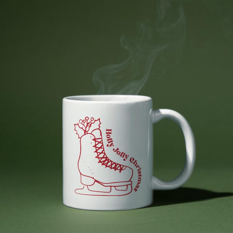 May include: White ceramic mug with a red illustration of an ice skate with holly on top. The text "Holly Jolly Christmas" is written on the mug.