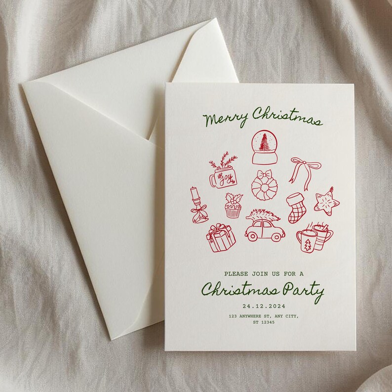 May include: A white card with a red and green Christmas party invitation. The card features a red illustration of a Christmas tree with ornaments, gifts, and other festive symbols. The text reads "Merry Christmas" and "Please join us for a Christmas Party" with the date and address below.
