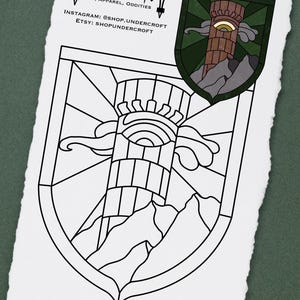 May include: A black and white line drawing of a shield with a tower, mountains, and sun design. The image includes the text "Yundercroft ART, APPAREL, ODDITIES" and social media handles. The bottom of the image reads "PATTERN NOT FOR RESALE OR REDISTRIBUTION".