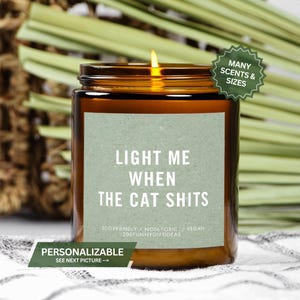 May include: A lit brown glass candle jar with a gold lid and a label that reads "LIGHT ME WHEN THE CAT SHITS." The candle has a green sticker that says "MANY SCENTS & SIZES." The candle is eco-friendly, non-toxic, and vegan.
