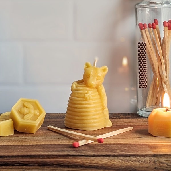 Beeswax Bear Candle - 100% Pure Beeswax Candle Handmade Gift - Unscented Bear Hugging Bee Hive Candle