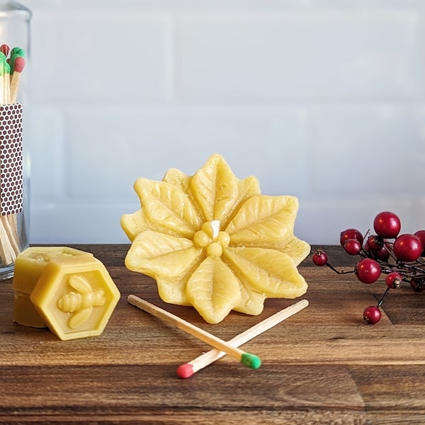 Poinsettia Candle - 100% Pure Beeswax From Tennessee - Christmas Floating Candle - Unscented Handmade Eco Friendly Gift