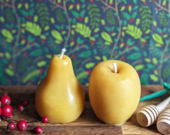 Beeswax Apple & Pear Candles - 100% Pure Beeswax From Tennessee - Unscented Handmade Eco Friendly Gift - Christmas Tablescape Bowl Filler