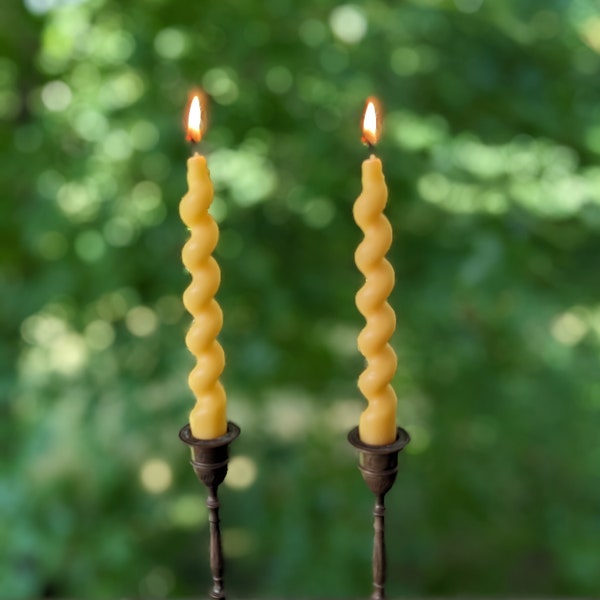 Beeswax Taper Candles - Set of Two Wavy 7" Spiral Beeswax Taper Candlesticks