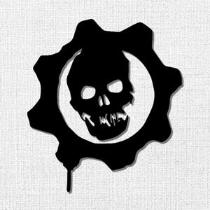 May include: Black graphic of a skull inside a white circle, surrounded by a gear-shaped outline. The design has a dripping effect at the bottom, set against a textured white background.