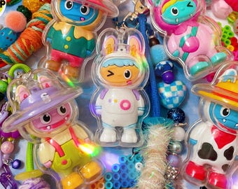 Monster Bunny Bag Charm // handmade beaded keychain set with charms chains and clips
