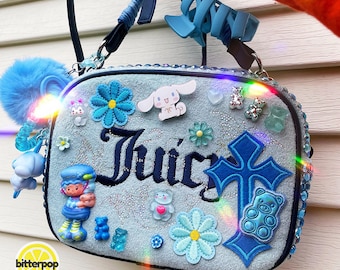 Trinket Purse || customized blue Juicy Couture junk bag // y2k kawaii handbag with charms keychains patches and accessories