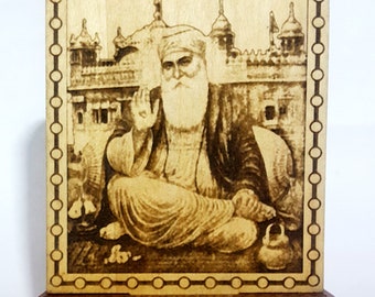 Car Dashboard/Desktop Stand - Religious Wooden Gravographed/Engraved Guru Nanak Dev Ji (3.75" x 3")