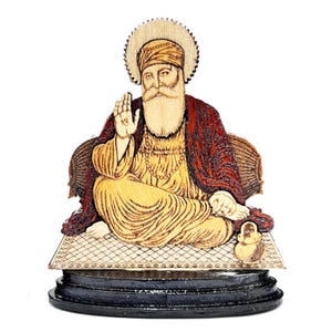 Carved Wooden Sikh God Guru Nanak Dev Ji - Car Dashboard or Desktop Stand