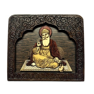 Car Dashboard/Desktop Stand - Religious Wooden Carved/Engraved Sikh God Shri Guru Nanak Dev Ji (3.25&quot; x 2.75&quot;)