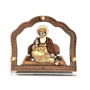 Car Dashboard / Desktop Stand with Glass - Wooden Carved Sikh God Shri Guru Nanak Dev Ji (3.25&quot; x 3&quot;)