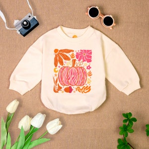 Pink Pumpkin Halloween Romper Sweatshirt, Baby Girl Bubble Romper, Halloween, Retro Thanksgiving, Baby Newborn Clothes, Halloween Outfit