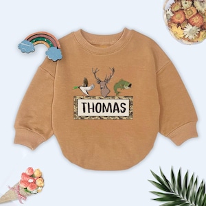 Personalized Bass, Deer and Duck Romper Sweater, Custom Name Mallard Duck Hunting, Camouflage, Ducks Deer Fishing, Duck Lover Baby Shower