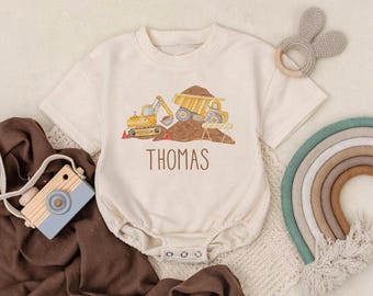 Personalized Construction Romper, Dump Truck Excavator Outfit