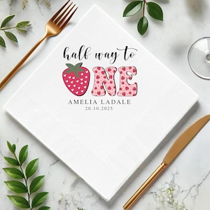 Custom Half Way To One Napkins, Berry Sweet Baby Shower Decor, Strawberry Napkins, Birthday, Farmers Market, Personalized Cocktail Napkins