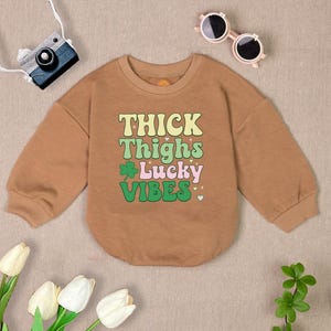 Thick Thighs and Lucky Vibes Baby Romper Sweatshirt, Cute St. Patrick’s Day Baby Clothing, Holiday, My First St Patrick&#39;s Day Baby Bodysuit