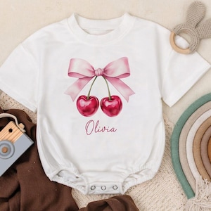 Personalized Coquette Cherry Bow Romper: Watercolor Baby Girl Clothes
