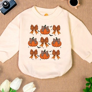Coquette Halloween Baby Romper Sweatshirt, Pumpkin Baby Bodysuit, Pumpkin Halloween Outfit, 1st Halloween, Baby Clothes, Baby Shower Gift