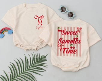 Personalized Sweet Summer Time Baby Romper, Cherry Bow Custom Name Bodysuit