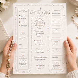 May include: A white paper guide for Lectio Divina featuring brown text and line art. The layout includes sections for Prepare Your Heart, Scripture, Reflection, and Live the Word, with instructions for reading, meditating, praying, and contemplating.