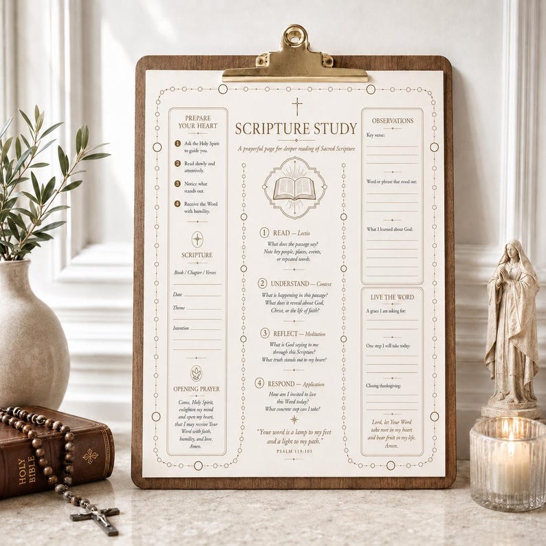 May include: A wooden clipboard holding a white Scripture Study worksheet with gold-toned text and borders. The page includes sections for prayer, reading, understanding, reflection, and application, featuring a central open book icon.