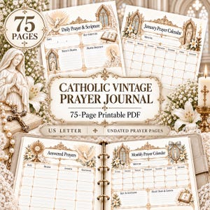Puede incluir: Un diario de oración católico vintage imprimible de 75 páginas en formato PDF con páginas sin fecha. El diseño incluye secciones para oración diaria, escrituras, peticiones de oración y calendarios mensuales con motivos religiosos.
