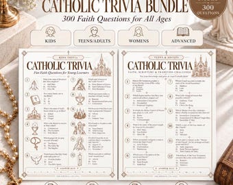 May include: A 25-page Catholic trivia bundle featuring 300 faith questions for all ages. The printable sheets include categories for kids, teens, adults, women, and advanced levels, with numbered questions, multiple-choice answers, and illustrations.