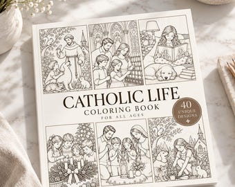 May include: A square coloring book titled Catholic Life Coloring Book For All Ages, featuring six black and white line art illustrations of families and religious scenes, with a circular badge stating 40 Unique Designs.