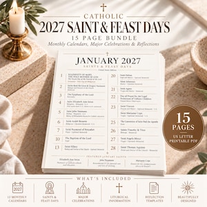 May include: A 15-page printable PDF bundle titled Catholic 2027 Saint & Feast Days, featuring monthly calendars, major celebrations, and reflections. The document displays January 2027 with a list of saints and feast days in a clean, white layout.